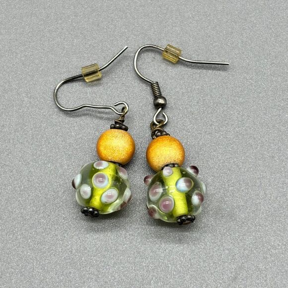 Lampwork Art Glass Earrings Yellow Green Purple Polka Dot Handmade Dangle Drop - Picture 4 of 7